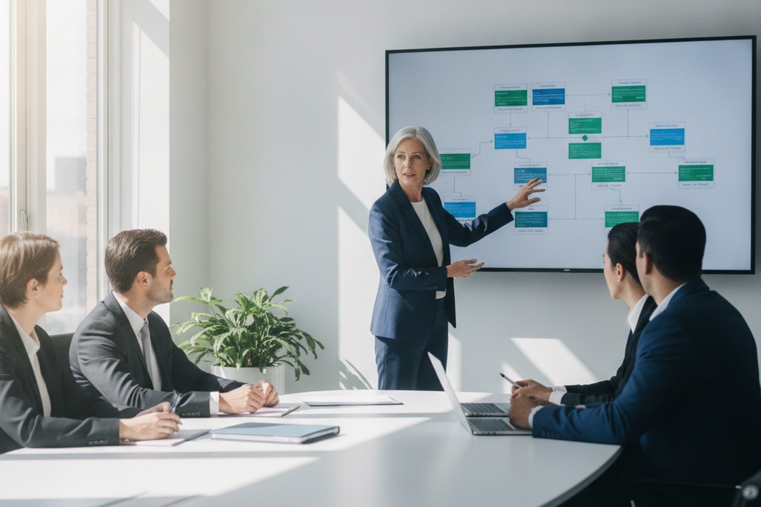 A software development consultant presenting an architecture roadmap to a client team in a modern meeting room