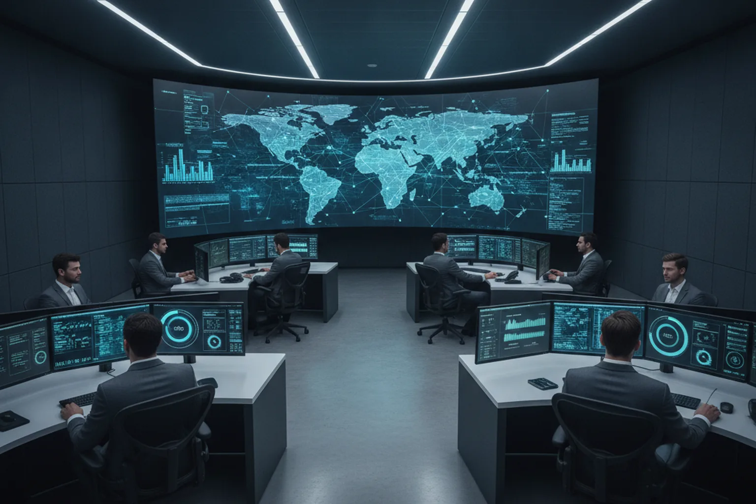 Security operations team monitoring compliance and network security dashboards for a telecom platform