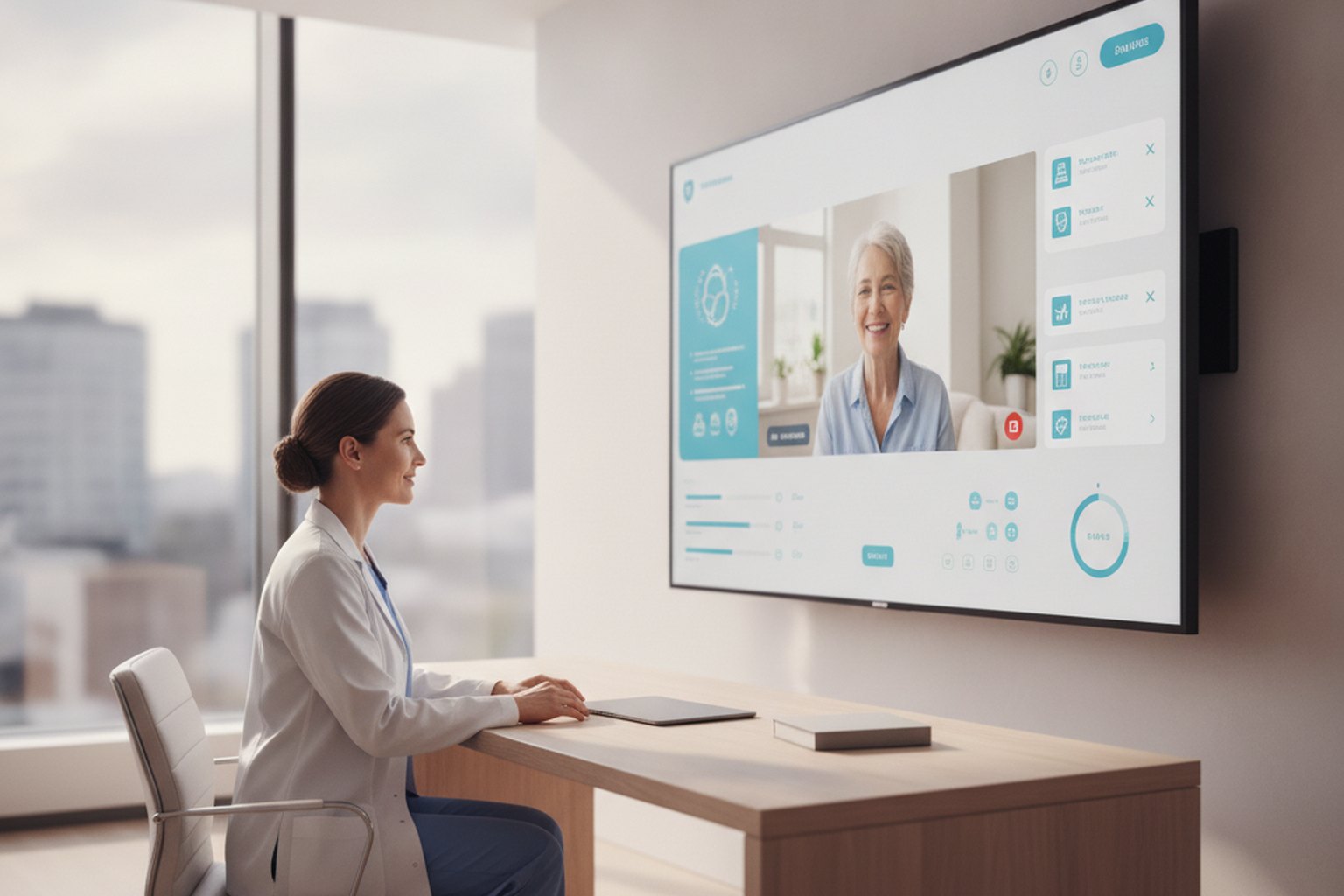 A clinician conducting a live telehealth video consultation with a patient on a large screen in a modern clinic
