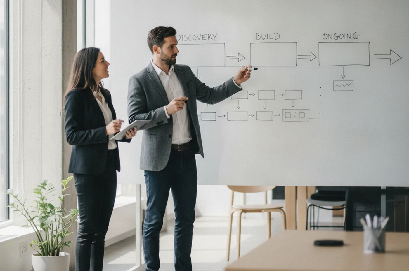 founder and delivery lead reviewing a three-phase discovery, build and ongoing engagement roadmap on a whiteboard