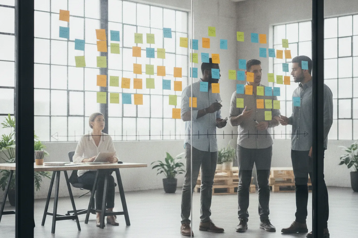 Logistics software team planning a TMS development roadmap with sticky notes on a glass wall