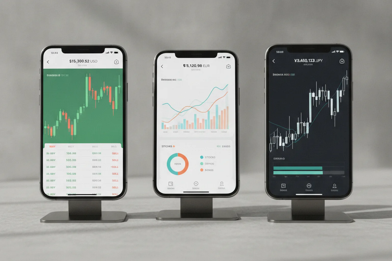 Tres smartphones uno al lado del otro con distintas interfaces de apps de trading, con gráficos de velas, saldos de cartera y libros de órdenes
