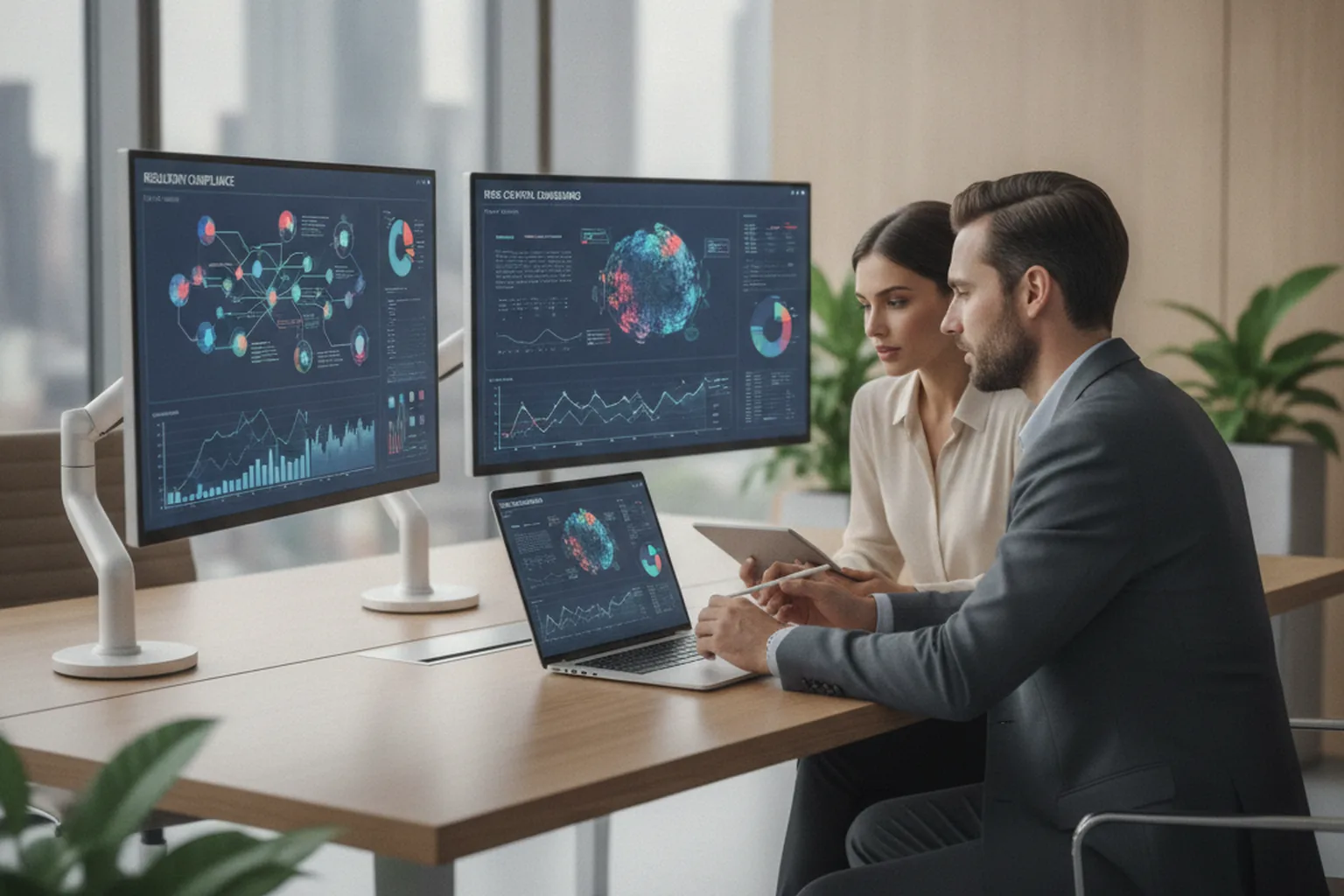 Zwei Finanz-Software-Engineers prüfen regulatorische Compliance- und Risikokontroll-Dashboards auf Bildschirmen in einem hellen modernen Büro