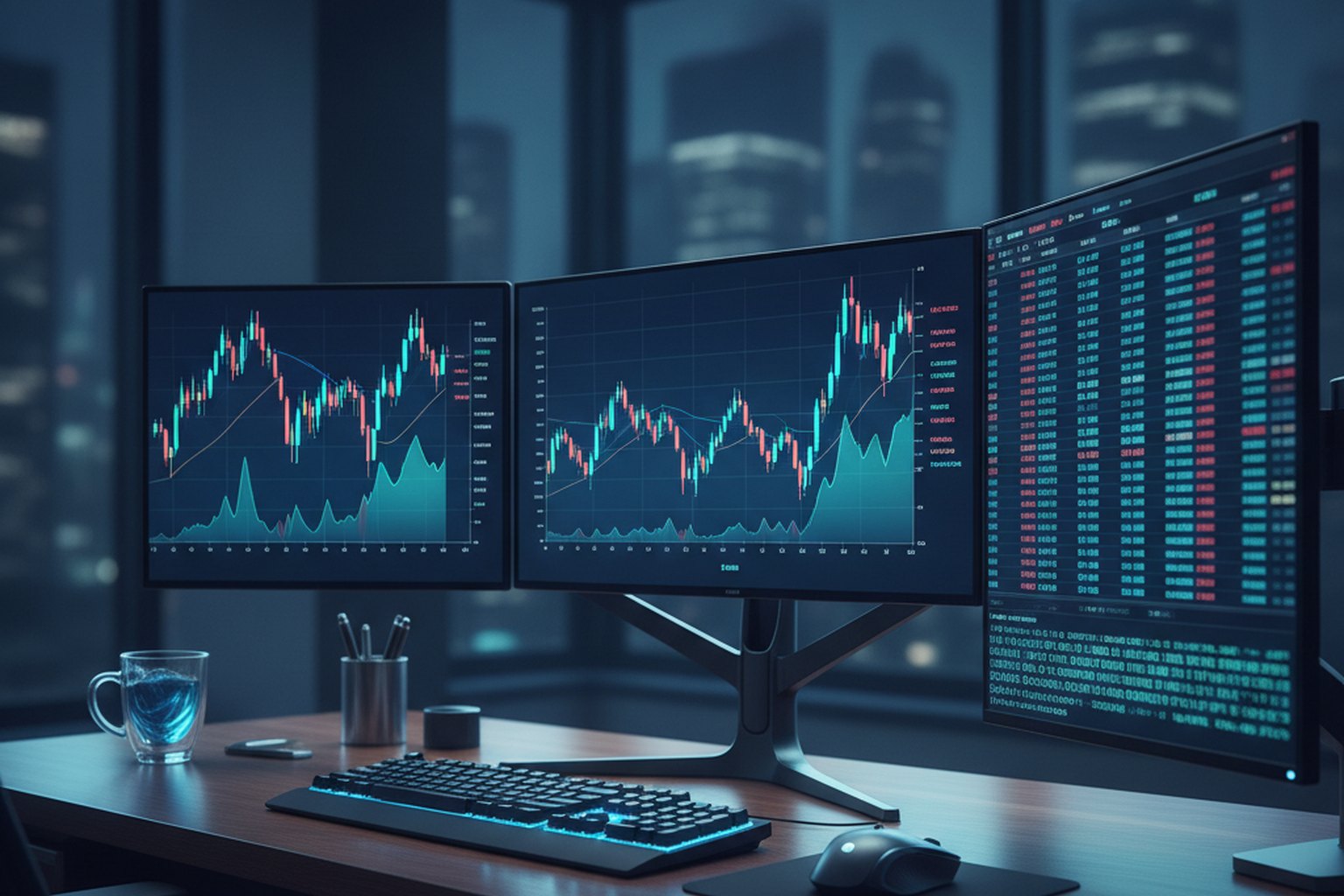 Ein Trading-Desk mit mehreren Monitoren, die Candlestick-Charts, ein Orderbuch und Marktdaten zeigen
