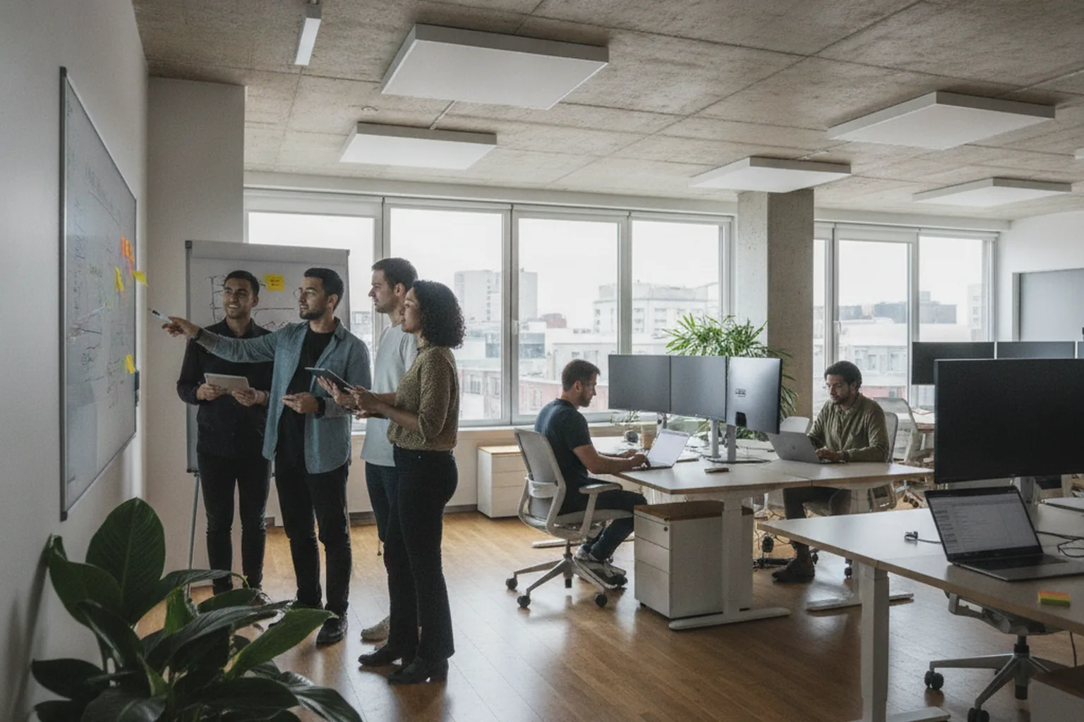 Two small cross-functional software engineering teams working independently in an open office as a product organization scales
