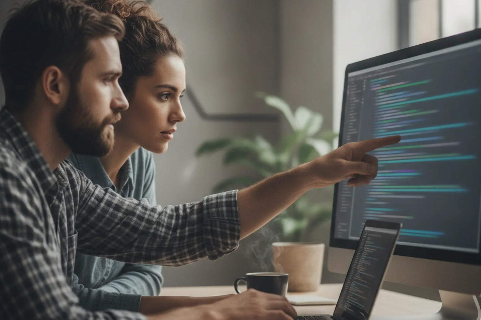 Due ingegneri che lavorano in pair programming alla stessa scrivania e discutono una porzione di codice sul monitor