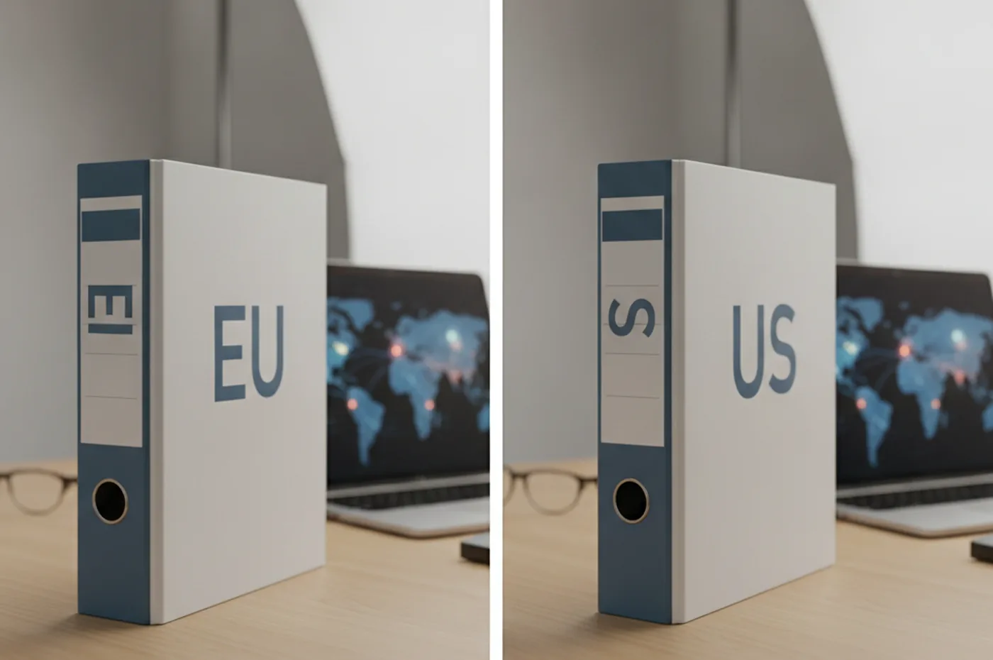 Side-by-side EU and US privacy regulation binders on a desk representing GDPR versus CCPA compliance