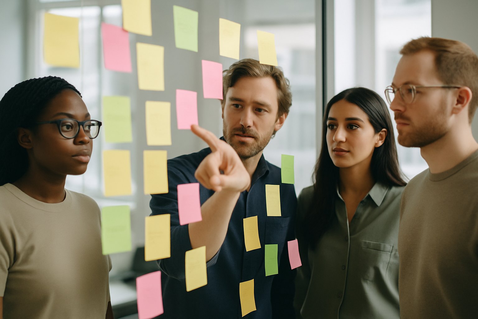 Une équipe produit transverse cartographiant des user stories et des critères d'acceptation sur des post-it