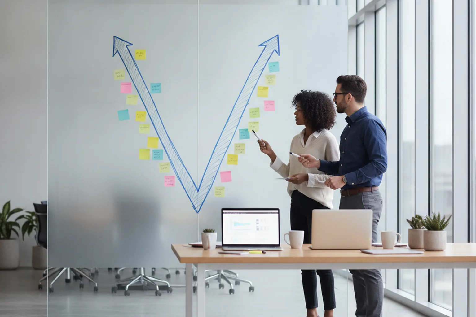 Ingénieurs associant les phases du modèle en V aux niveaux de test sur un tableau blanc