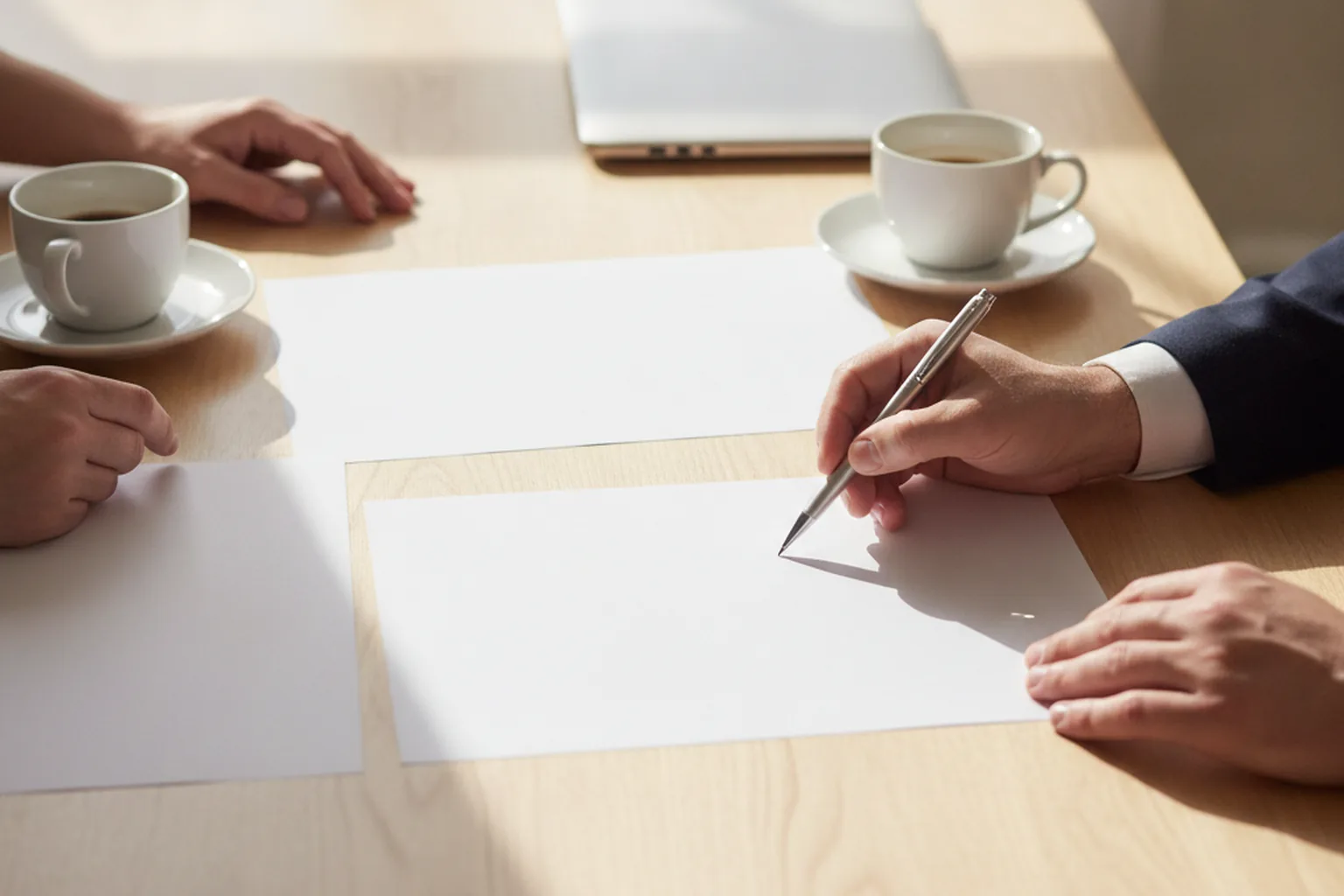 Two people reviewing contract pages with a pen at a meeting table