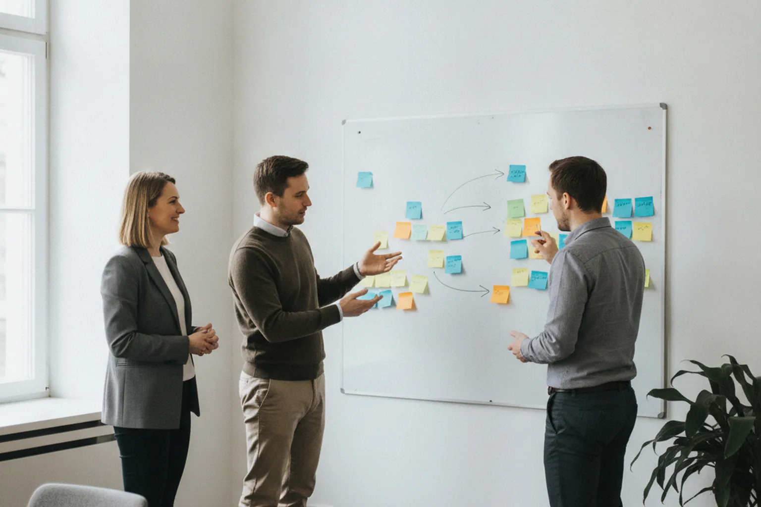Client manager and two engineers mapping project scope with sticky notes on a whiteboard during a vendor workshop