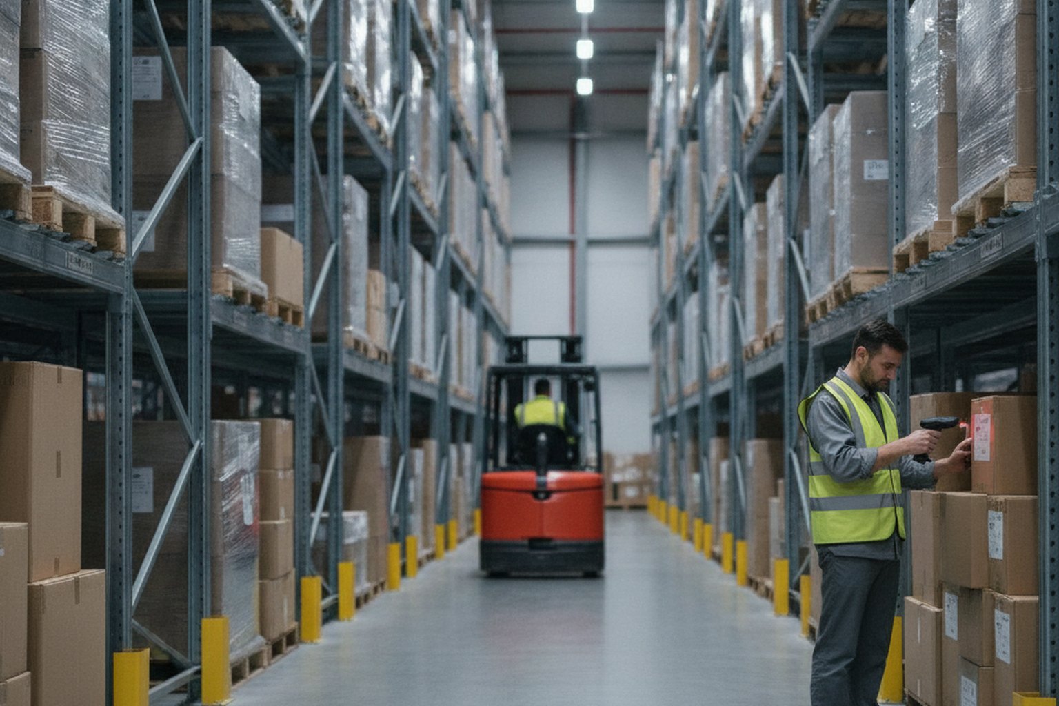 Un op&eacute;rateur d'entrep&ocirc;t en gilet haute visibilit&eacute; scanne des stocks avec une douchette code-barres pr&egrave;s de hauts rayonnages, un chariot &eacute;l&eacute;vateur d&eacute;pla&ccedil;ant des palettes en arri&egrave;re-plan