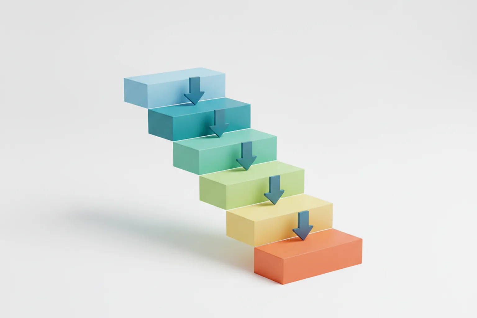 Schéma du modèle en cascade : cinq phases de développement logiciel en cascade