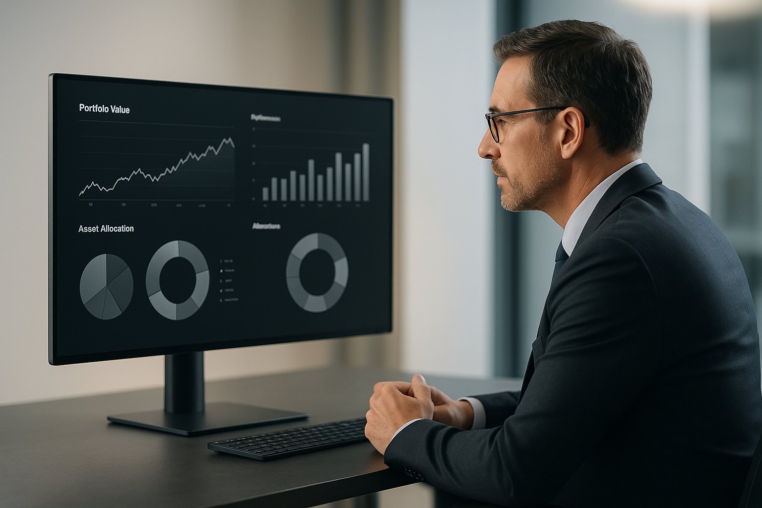 Advisor reviewing a wealth-management portfolio dashboard