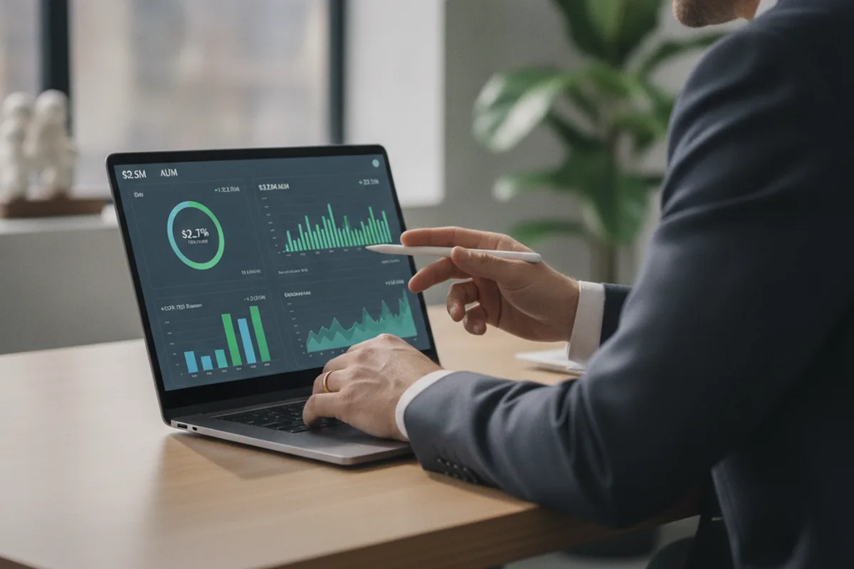 Advisor reviewing a wealth management portfolio dashboard, part of a bank's digital banking platform