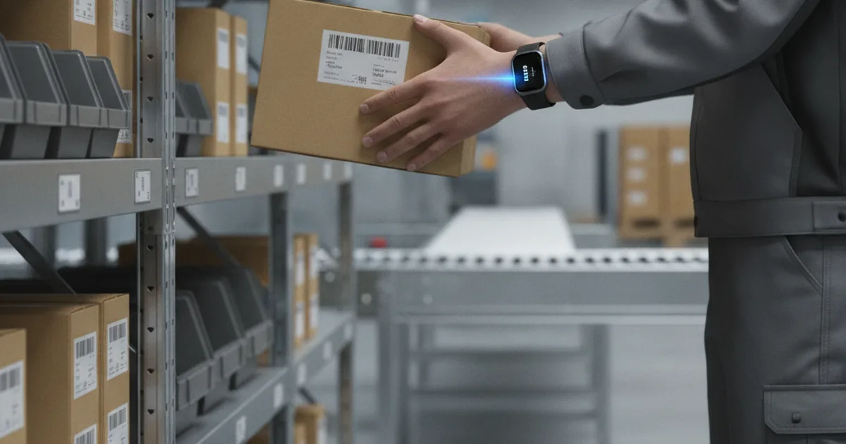 Warehouse worker wearing wrist-mounted smart scanner with both hands free for picking items from shelves