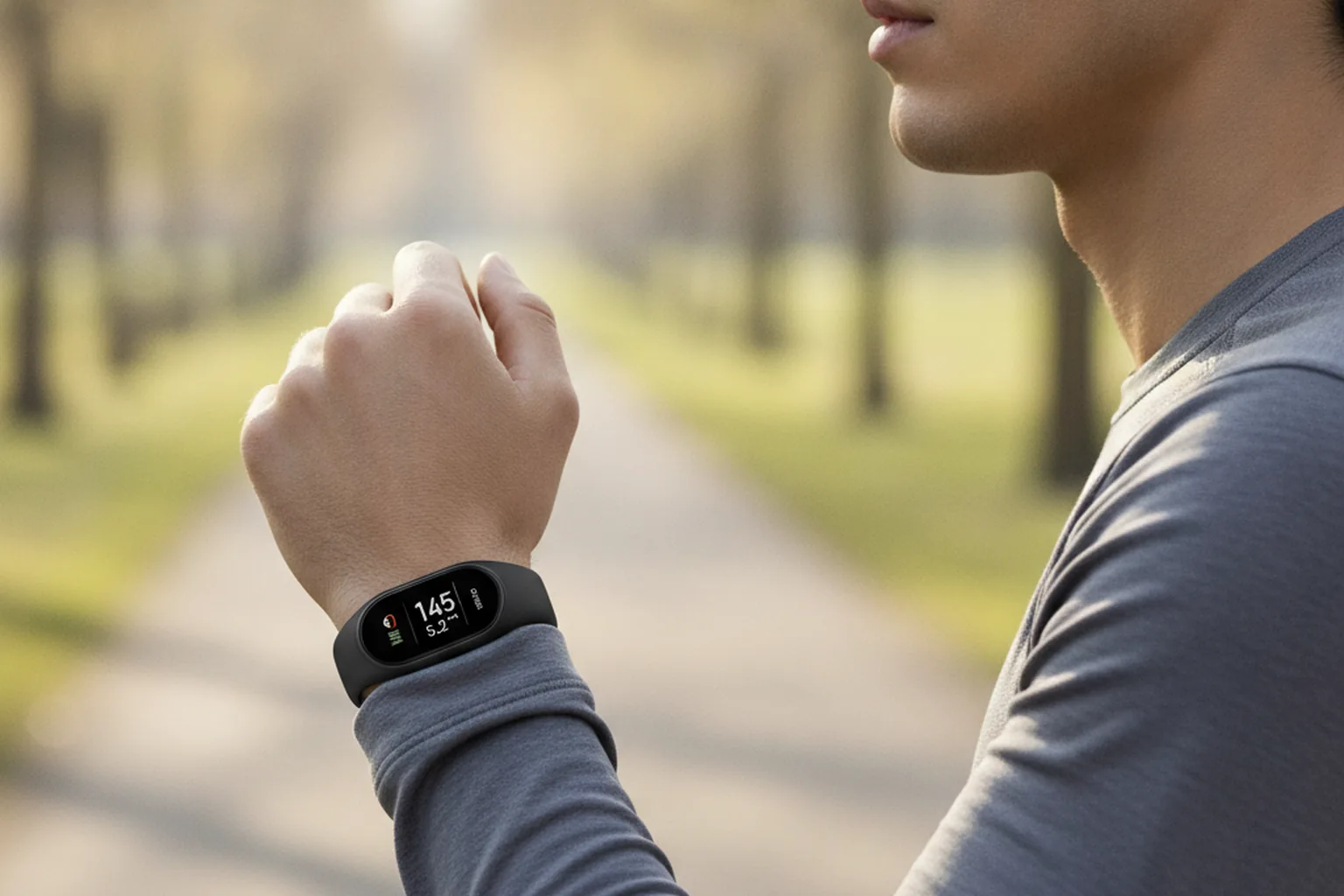 Person jogging with fitness tracker and earbuds