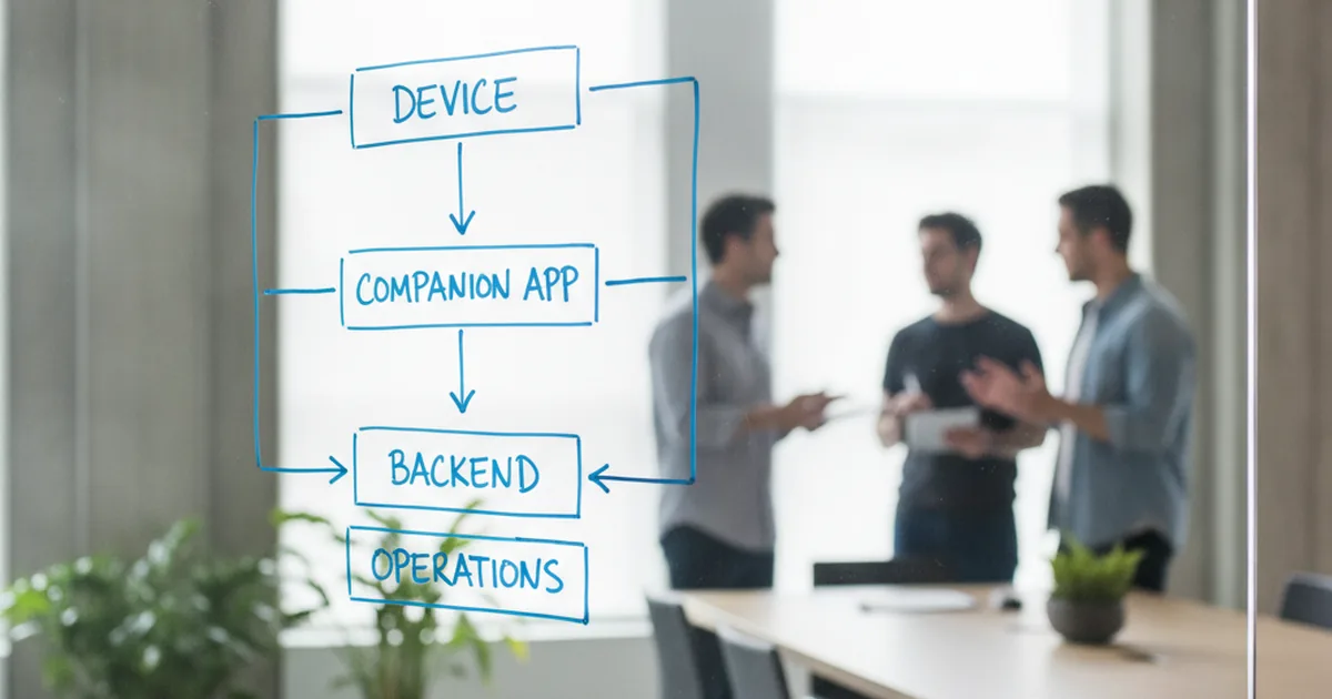 Software architecture diagram on whiteboard showing four interconnected system layers, engineering team in discussion