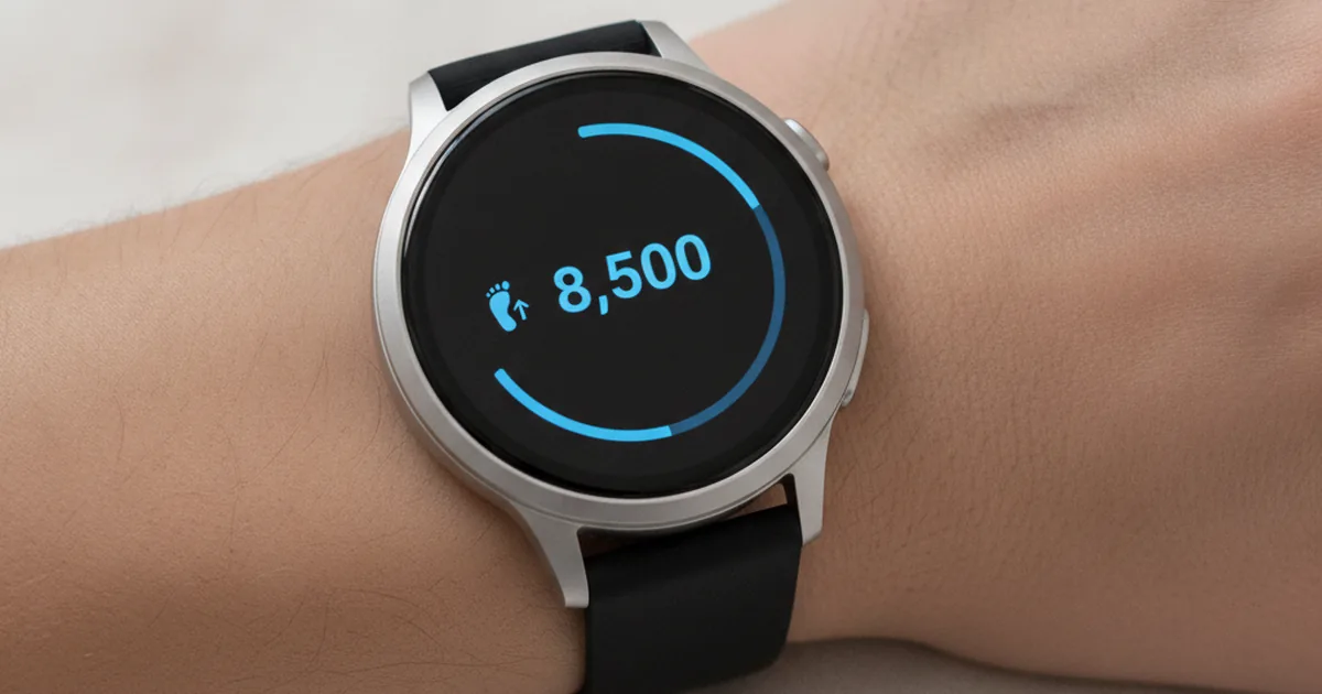 Close-up of smartwatch screen displaying a minimalist health dashboard with single clear metric