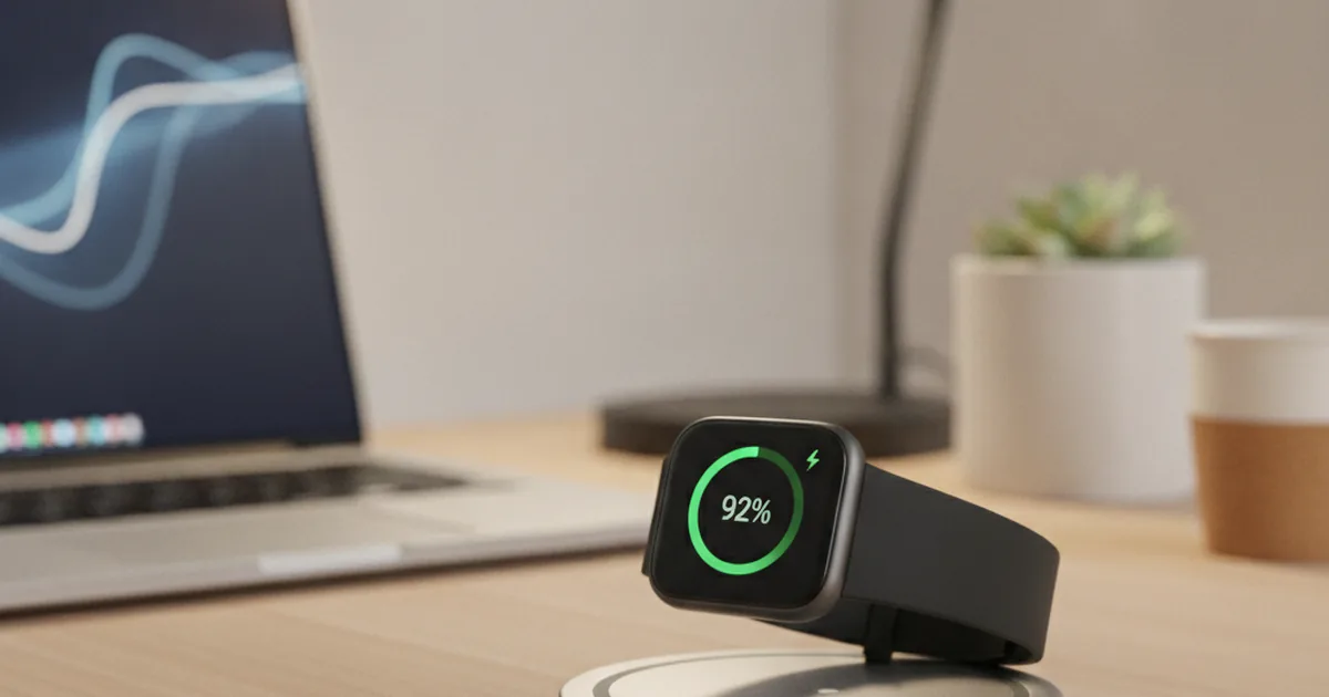 Smartwatch resting on wireless charging pad with battery level indicator visible, minimal desk setup