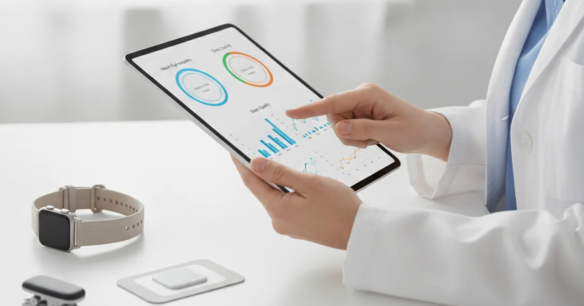 Medical professional reviewing health sensor data charts on tablet with wearable devices on desk