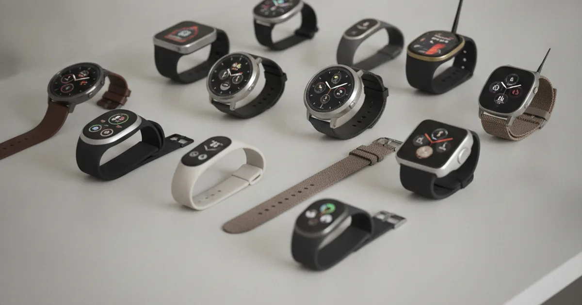Collection of different smartwatch models and wearable devices showing variety of form factors on a table