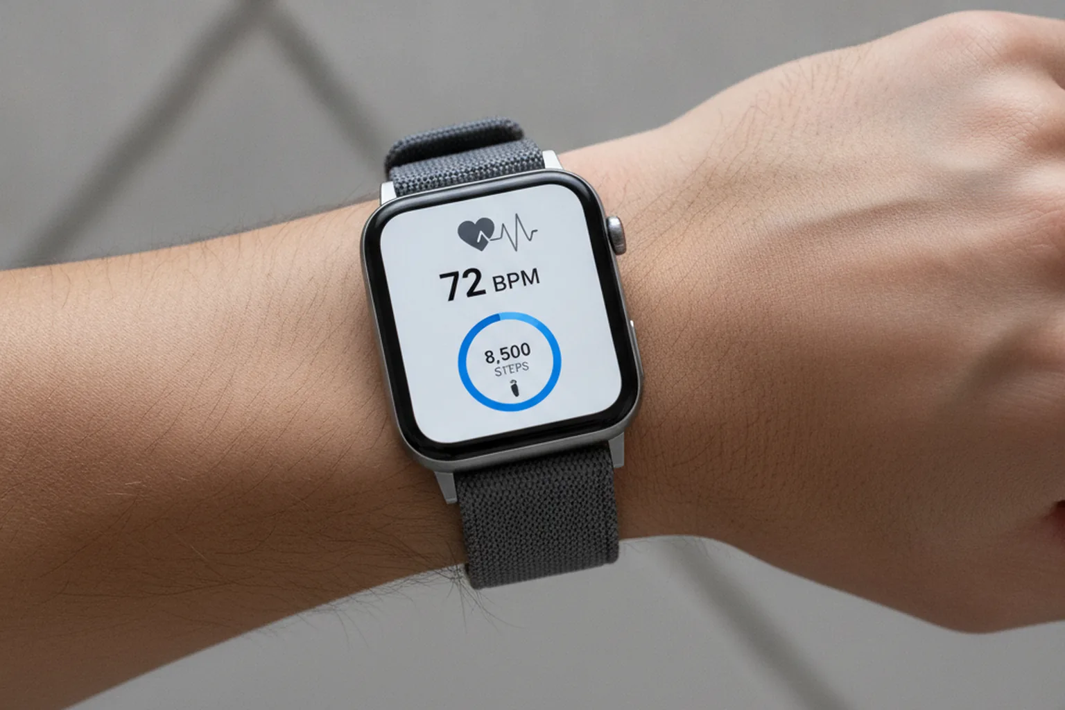 Smartwatch displaying health metrics on a developer workstation