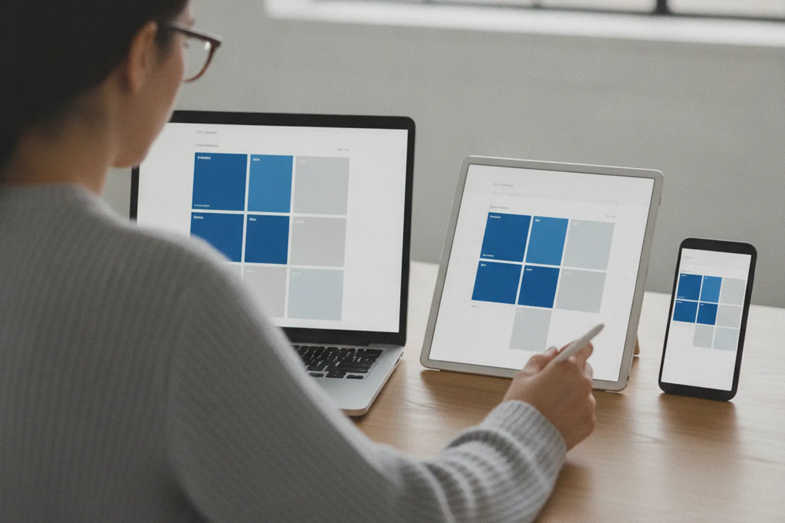 Ingénieur QA testant la même application web responsive sur un ordinateur portable, une tablette et un smartphone