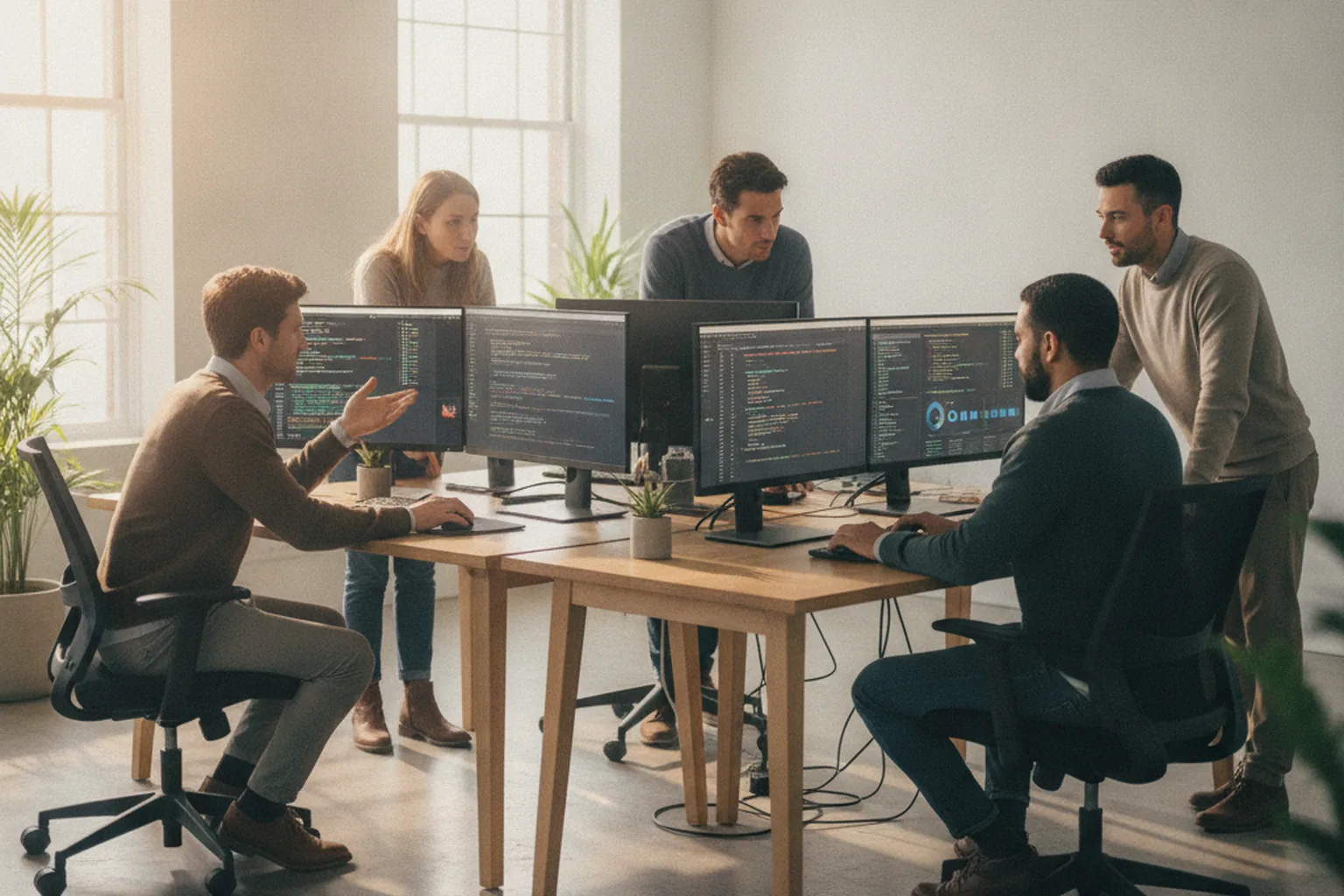 Ruby on Rails development team collaborating on a web application at a modern workstation
