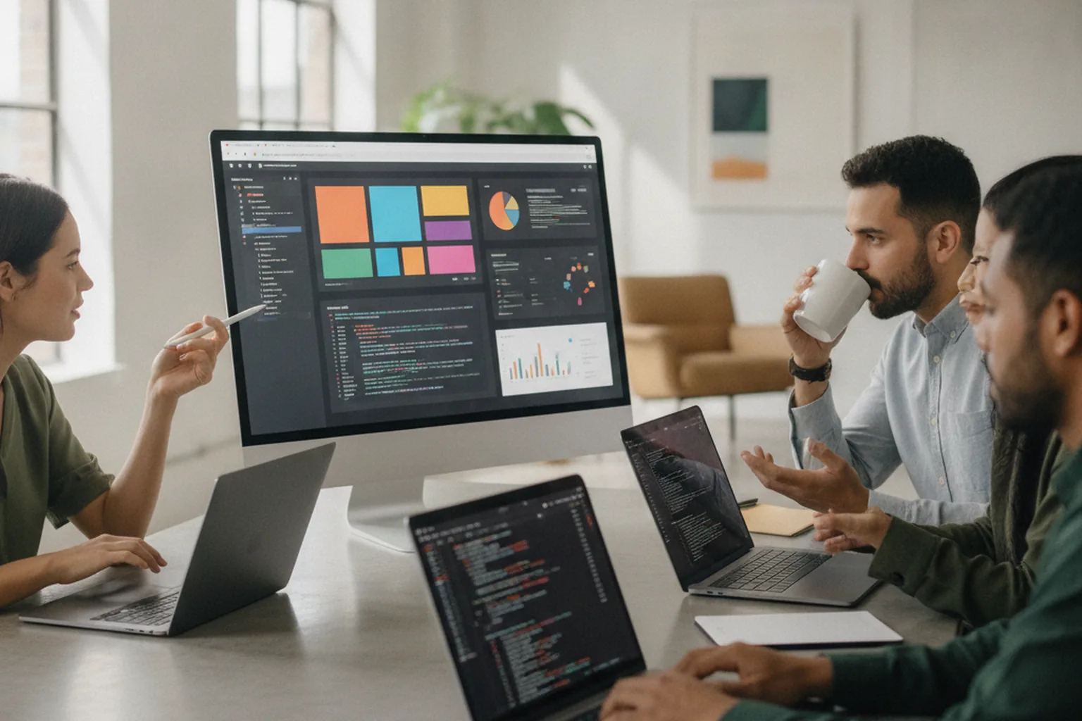 Équipe produit examinant des maquettes d'application web dans le navigateur et une maquette de tableau de bord sur un grand écran
