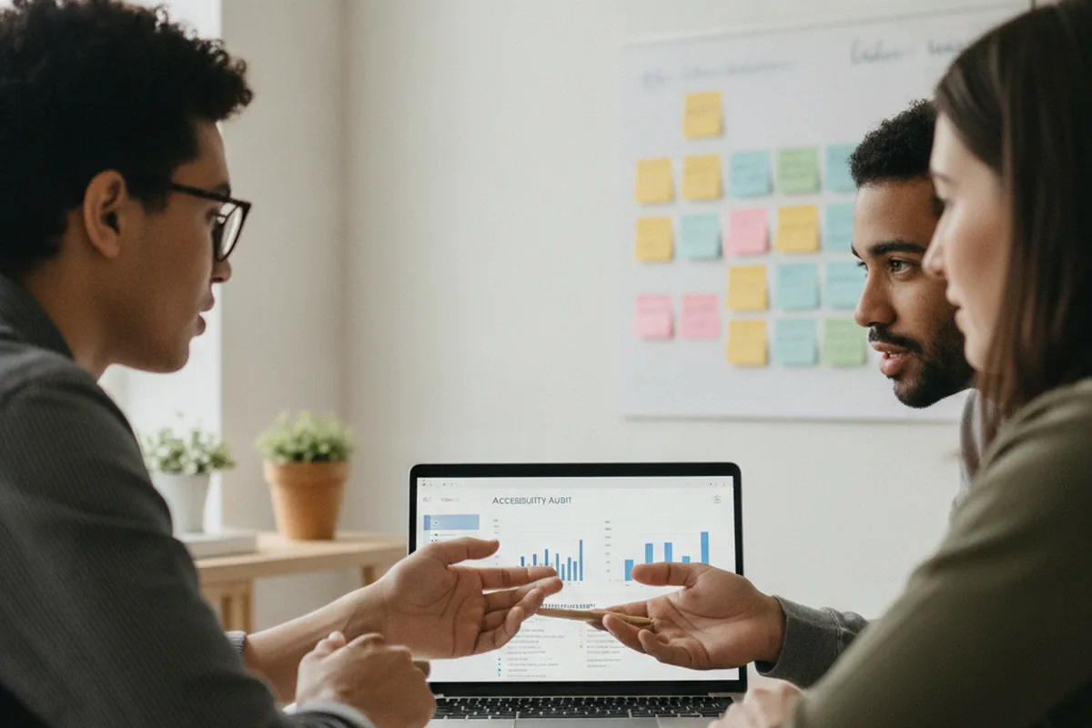 Cross-functional software team reviewing an accessibility audit dashboard on a laptop next to a kanban board of remediation tickets