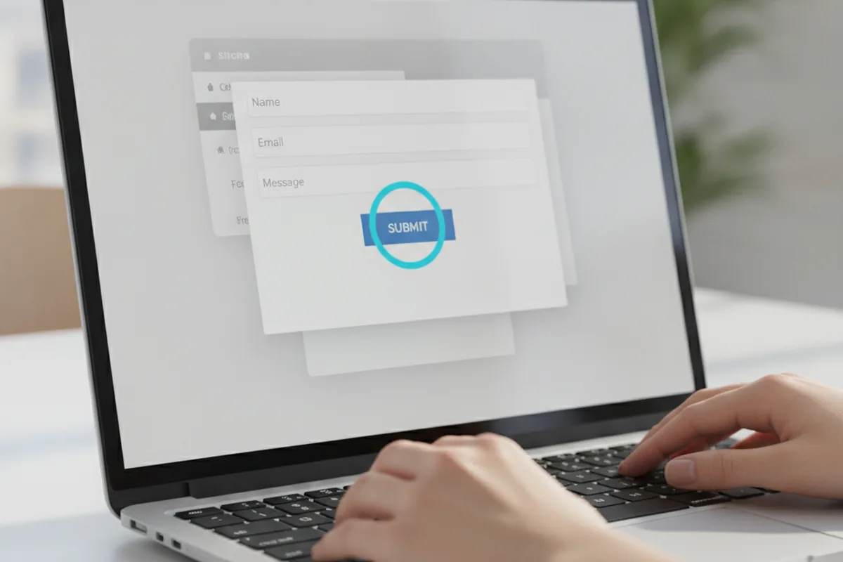 Laptop screen showing a web form with a thick, high-contrast keyboard focus ring around the submit button, hands positioned on the keyboard