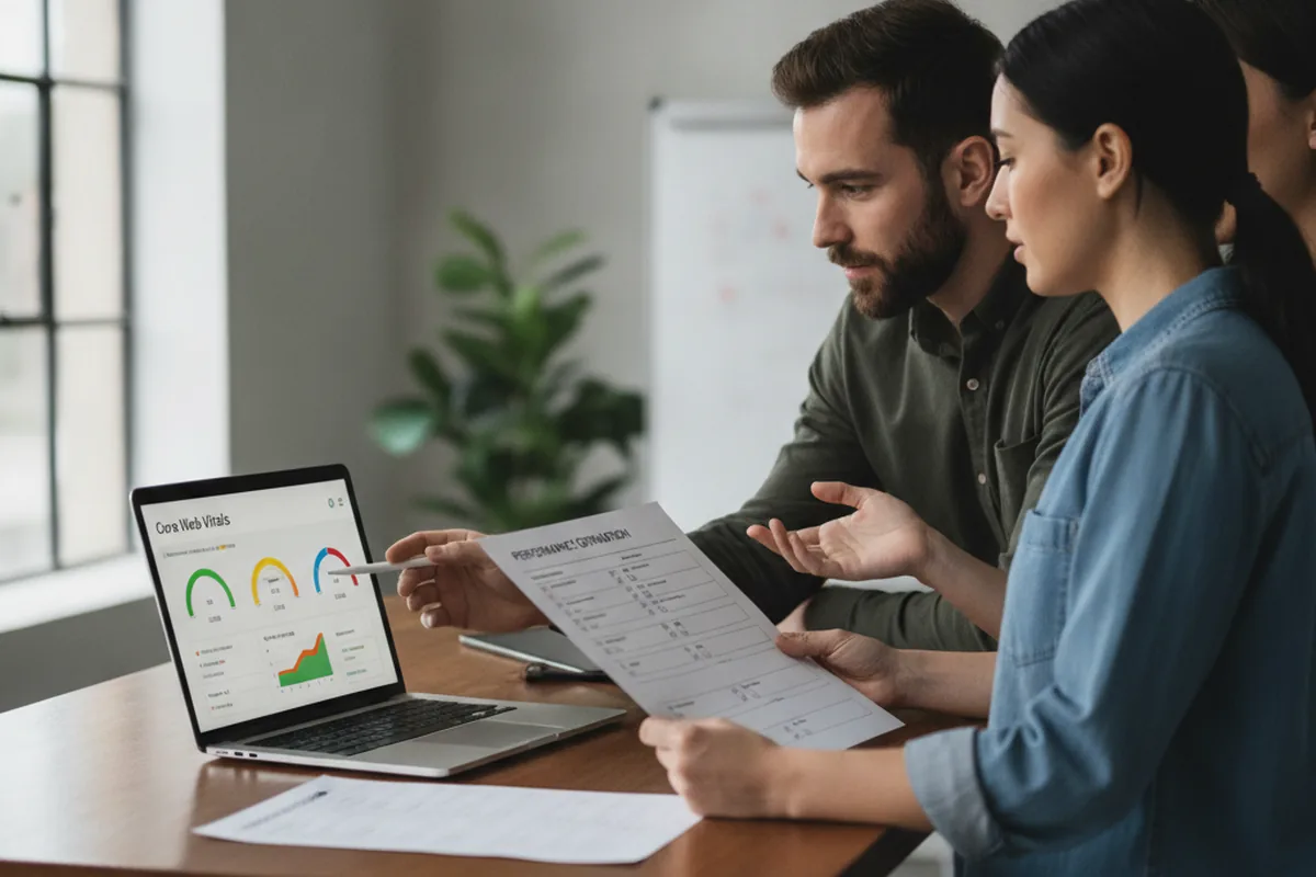 Engineering team reviewing a printed performance optimization checklist next to a laptop showing a Core Web Vitals dashboard