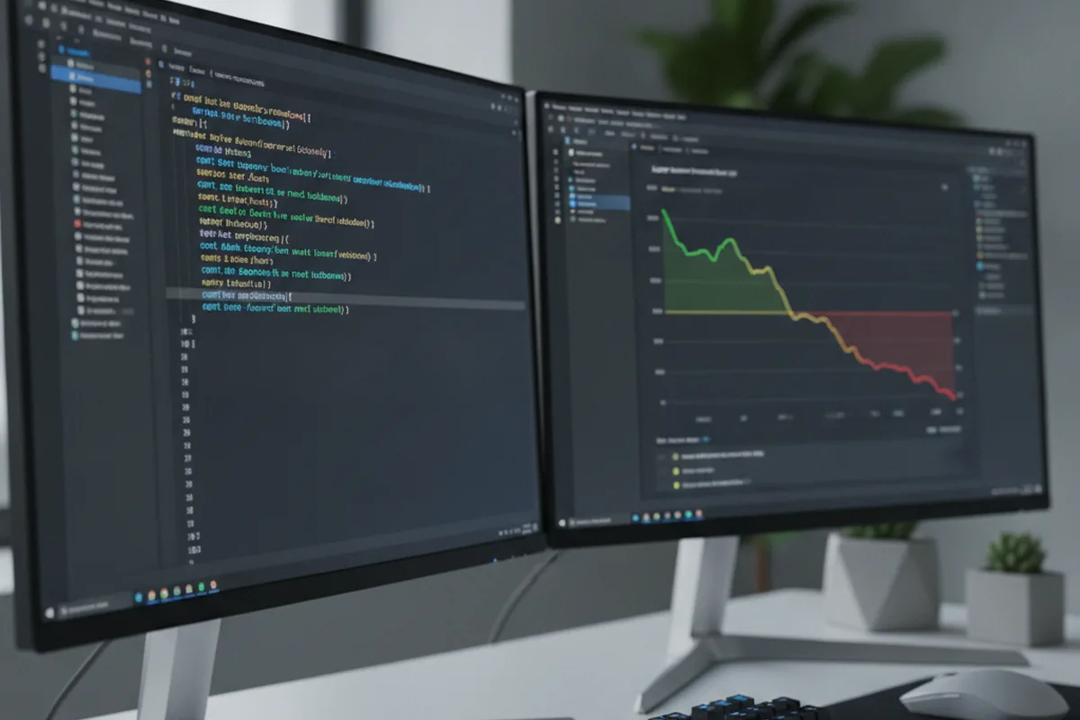 Developer comparing Next.js server component code against a web performance metrics graph on dual monitors