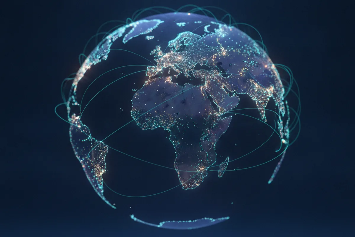 Glowing global network map representing a multi-region distributed web application architecture