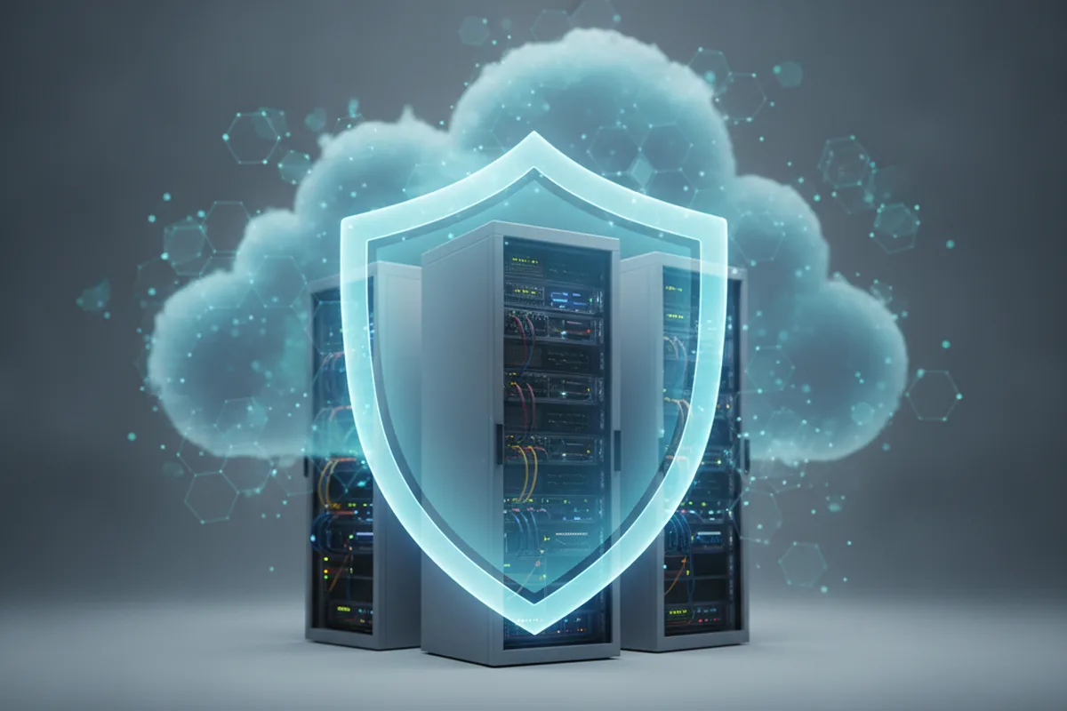 Shield icon over server racks representing encryption and compliance controls protecting a scaled web application