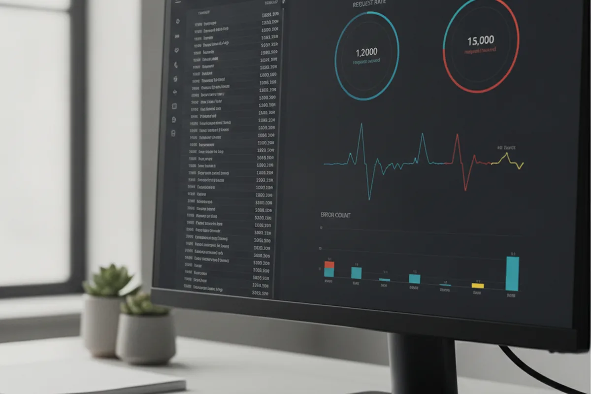 API gateway dashboard showing request rate, error count and traffic monitoring for web application security