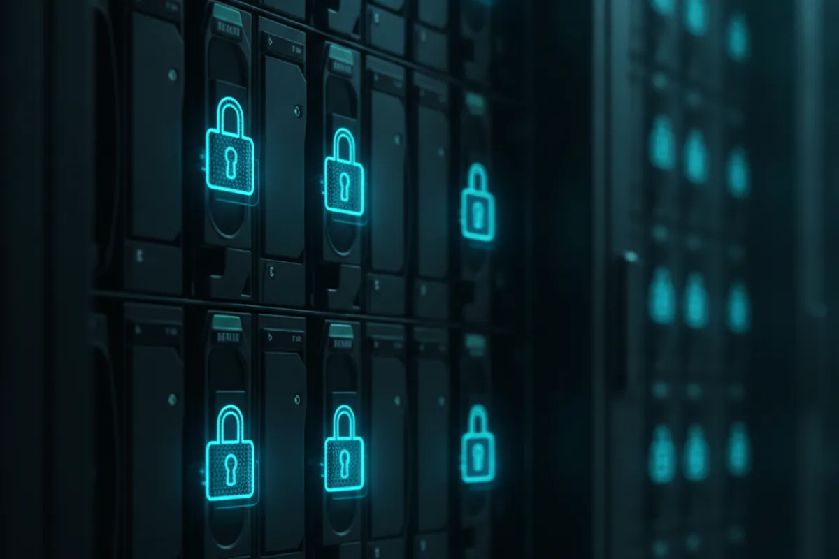 Encrypted server storage racks with glowing lock icons representing data-at-rest encryption for web applications