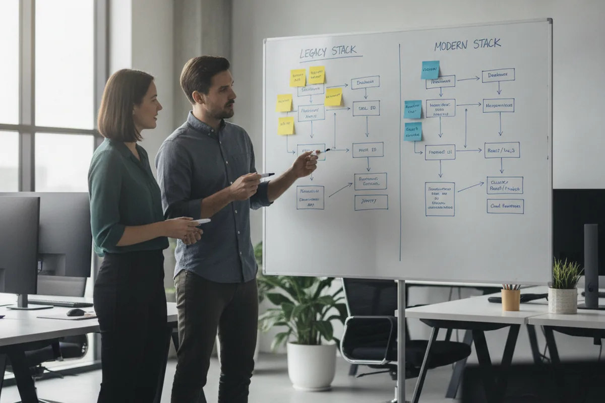 Software architects comparing a legacy web stack diagram against a modern web application stack diagram on a whiteboard