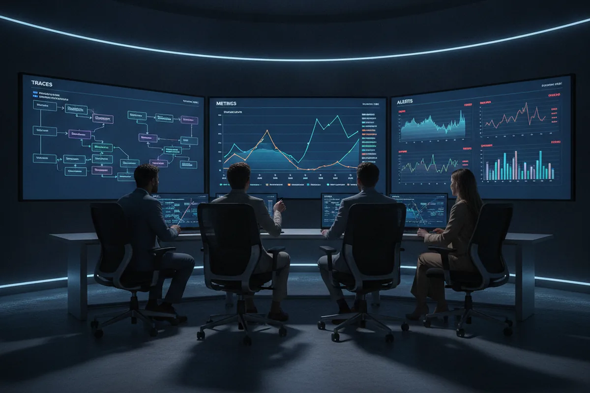 Engineering team monitoring application observability dashboards with metrics, traces and alerts on large screens