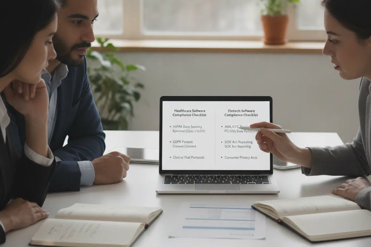 Product and legal team reviewing a side-by-side HIPAA and fintech compliance checklist during a web app development kickoff