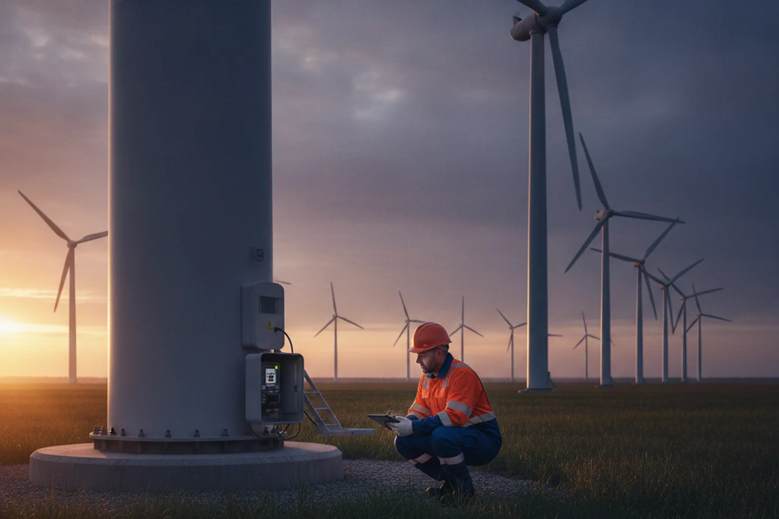 Techniker wartet Sensoren einer Windkraftanlage, die Daten an eine Analyseplattform streamen