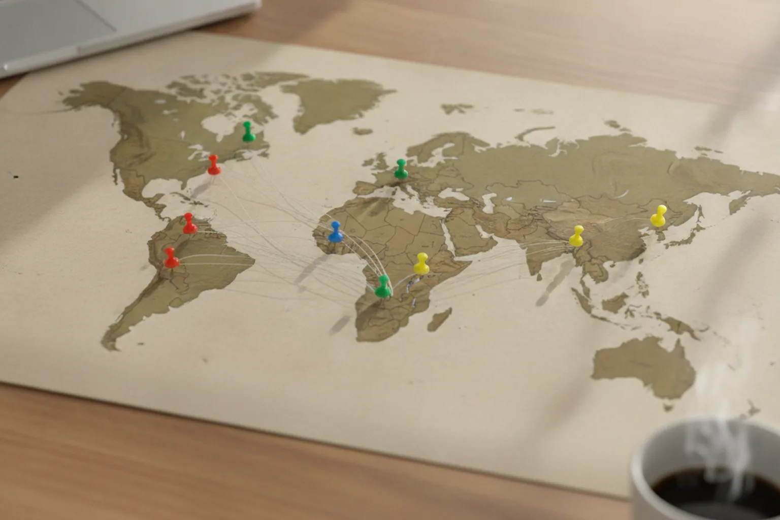 Papier-Weltkarte auf einem Schreibtisch mit Pins an Standorten für Software-Outsourcing, die mit Fäden nach Nordamerika verbunden sind