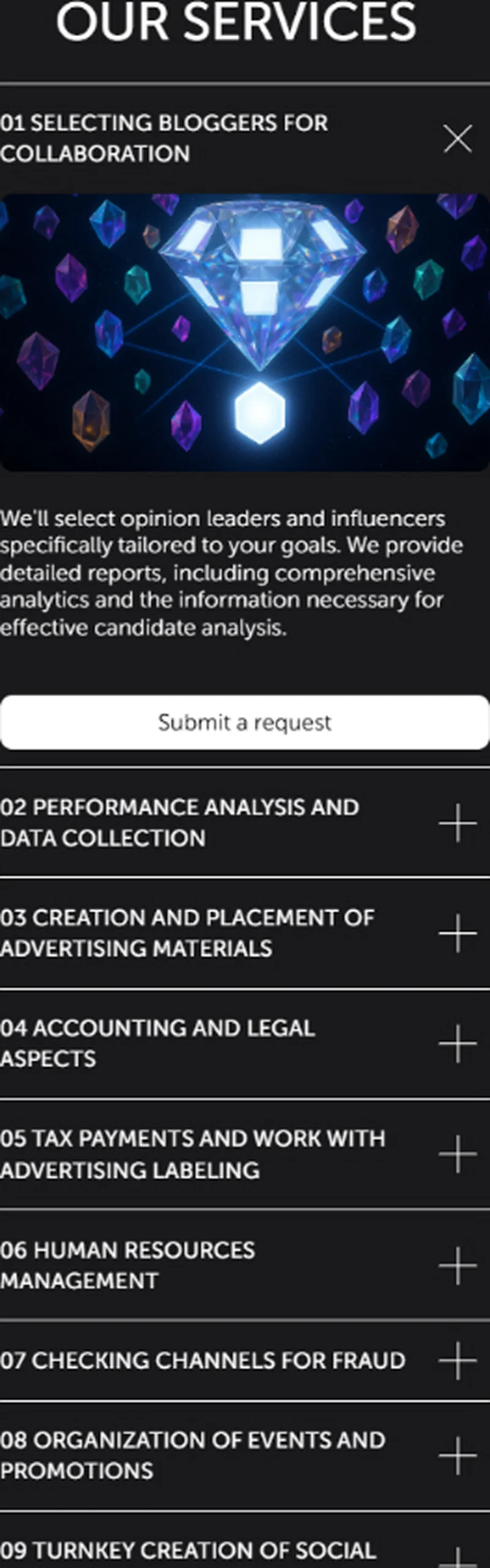 ARIA Agency mobile — services list with Selecting bloggers for collaboration section expanded