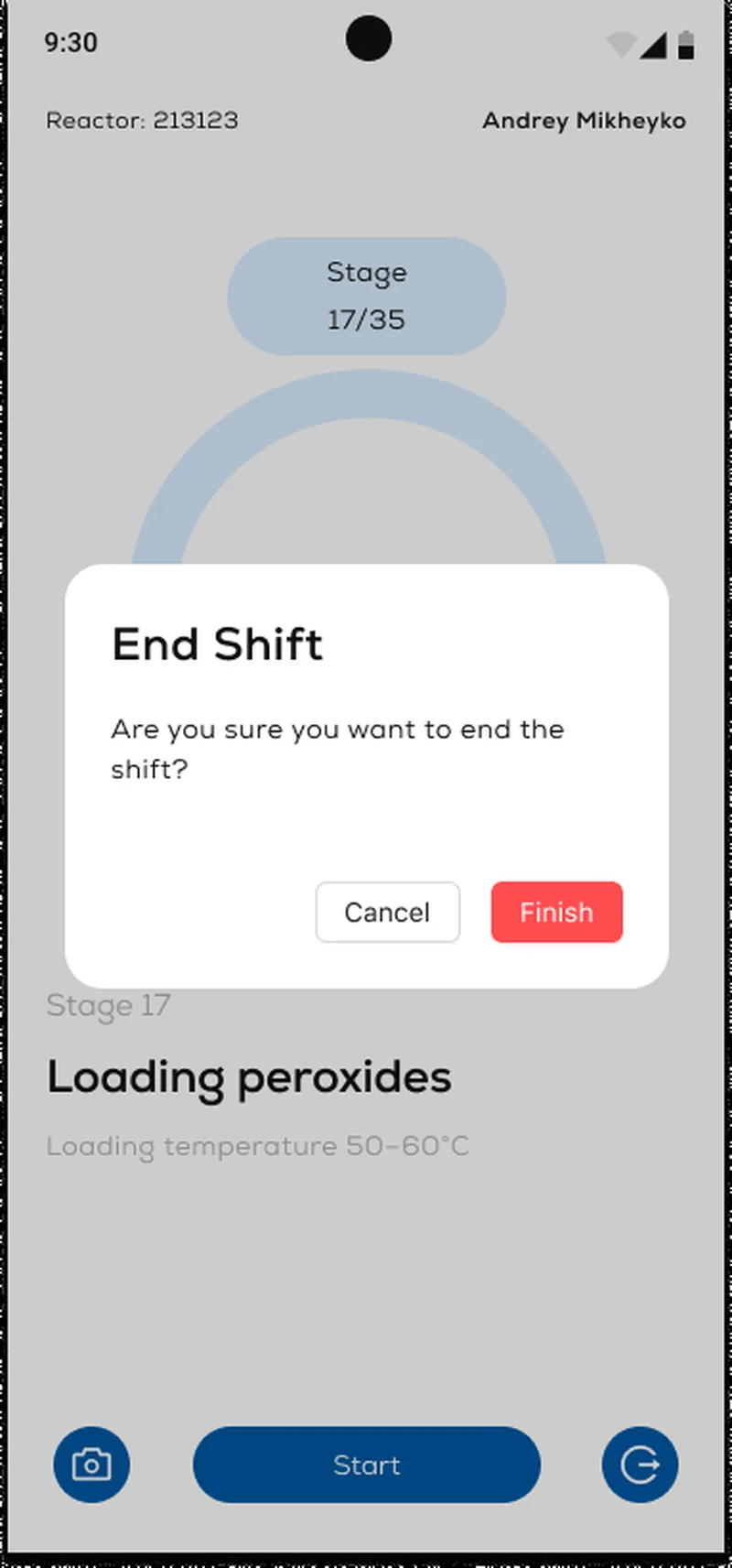 CheckList Android operator — Stage 16 of 35 countdown timer at 45:34 with Loading carbonate instruction and Next step