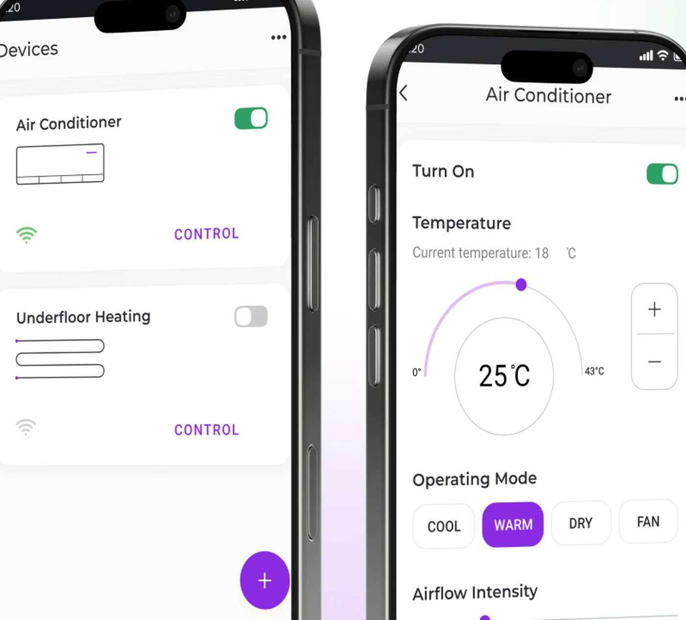 Climate-control app device list — air conditioner and underfloor heating cards with Wi-Fi status and one-tap CONTROL on iOS