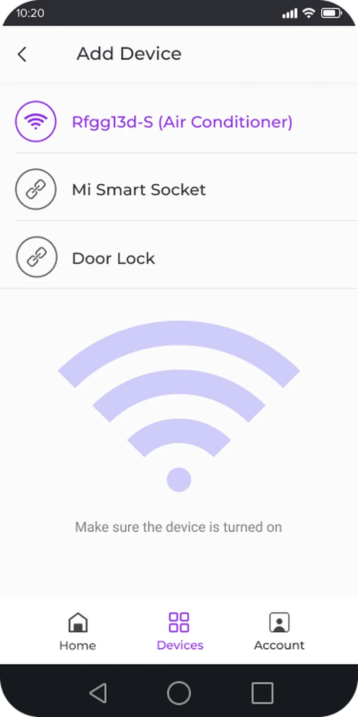 Add Device screen — controllers discovered over Wi-Fi (air conditioner, smart socket, door lock) during self-service pairing