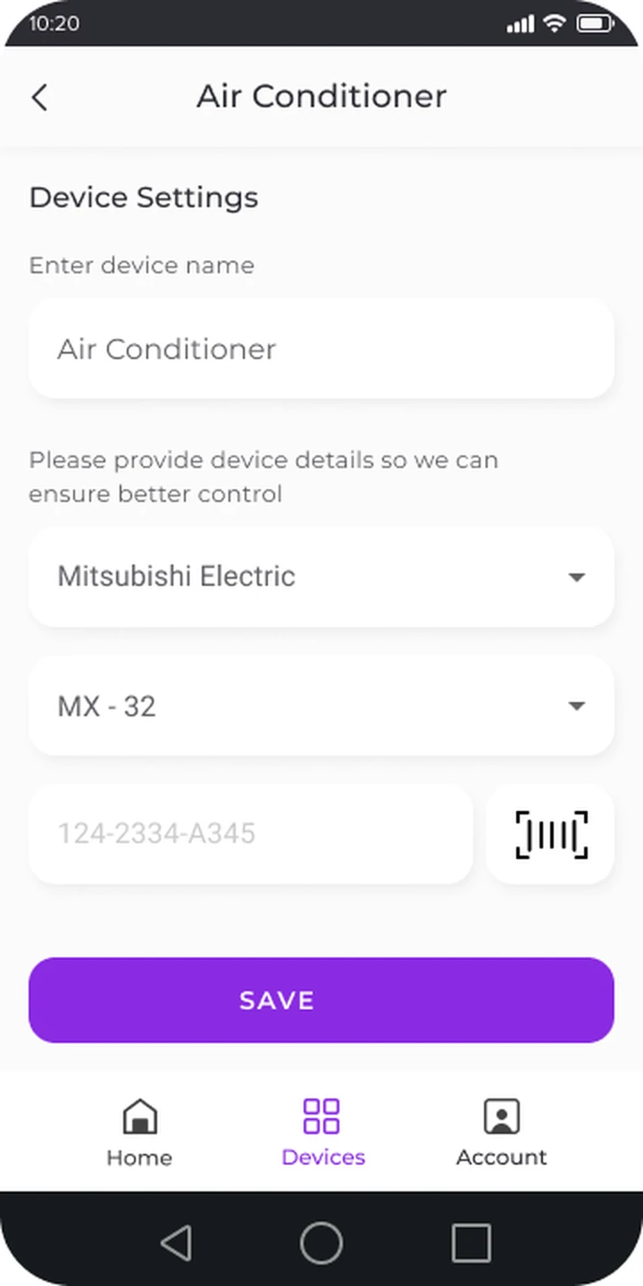 Device settings — brand, model and serial number with barcode scan, binding the controller to the account