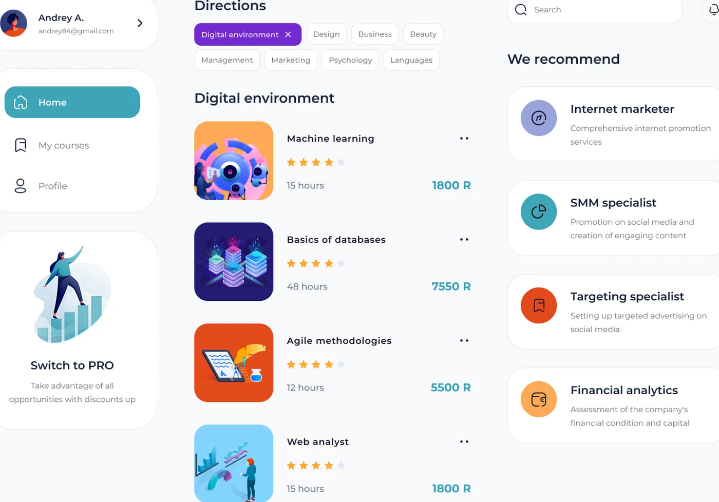 Coach room discovery — directions filter and mentor catalog with ratings, built on React and Laravel