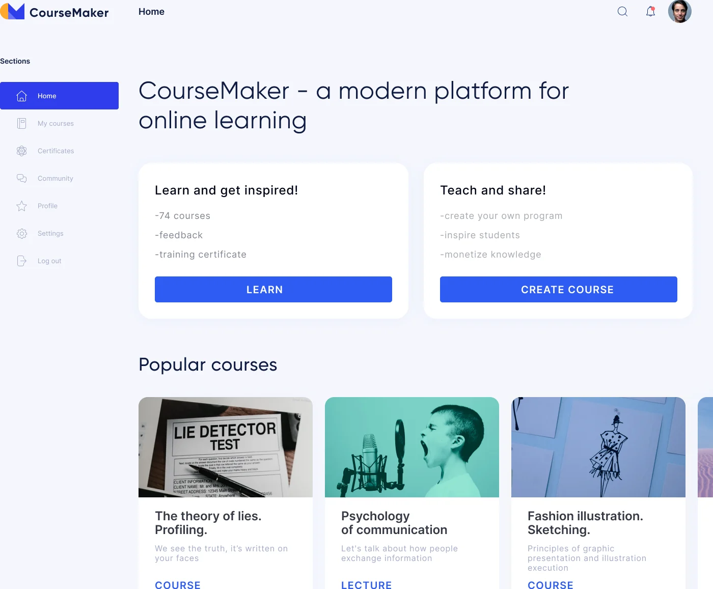 CourseMaker home — Learn and get inspired / Teach and share CTAs with popular courses grid on desktop